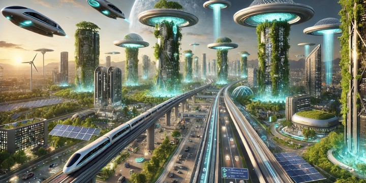 AI-genererad bild av ett framtida futuristiskt infrastruktursamhälle.